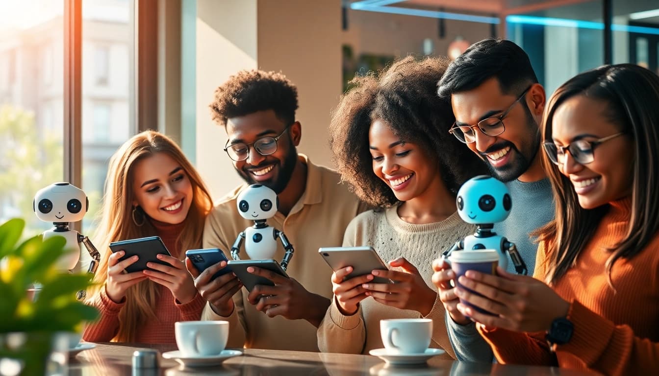 Enjoying engaging moments with crush ai companions in a lively urban cafe.