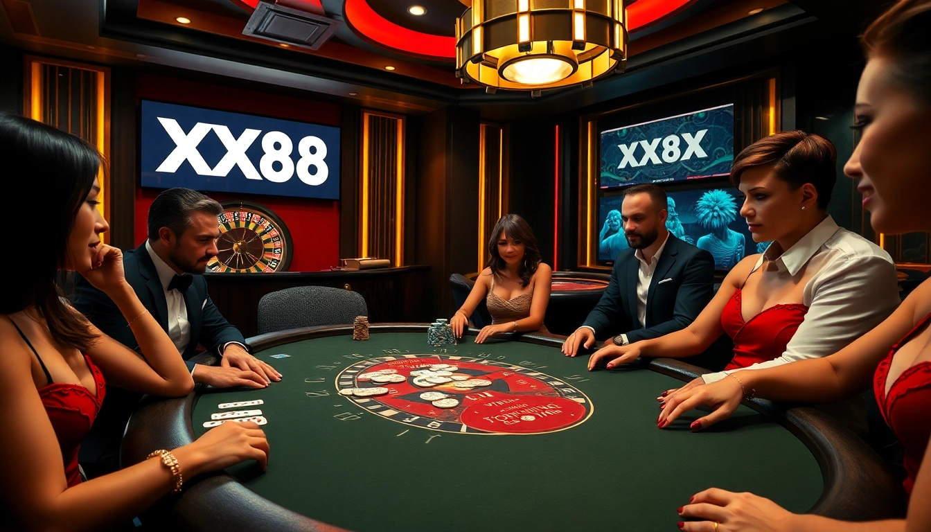 XX88 players enjoying a high-stakes poker game in a luxurious casino setting.