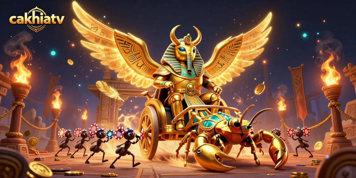 Experience thrilling gameplay at cakhiatv with a vibrant scene showcasing a golden scarab beetle chariot.