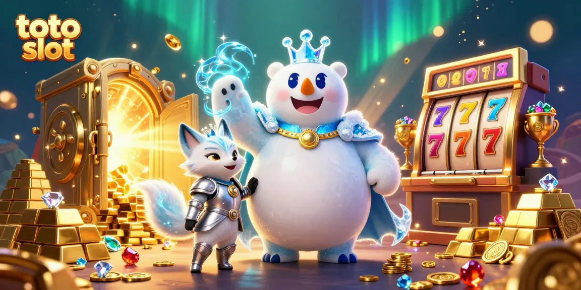 Toto slot gameplay featuring a cartoon ice king polar bear and snow fox amidst jewels and a golden treasure vault.