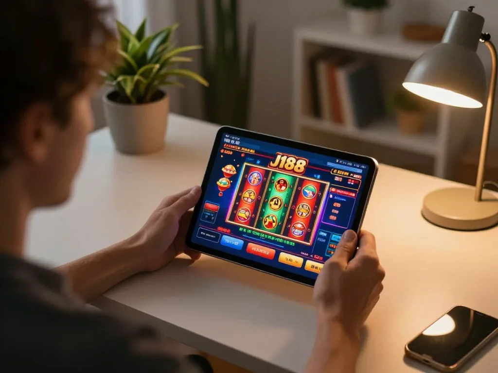 Player enjoying j188 casino gaming on tablet at home, vibrant interface on screen with engaging graphics