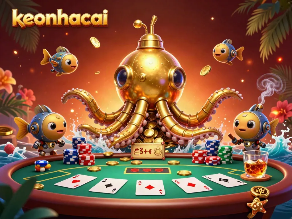 Experience the thrilling world of keonhacai with a dynamic scene featuring a golden kraken submarine amidst poker elements.