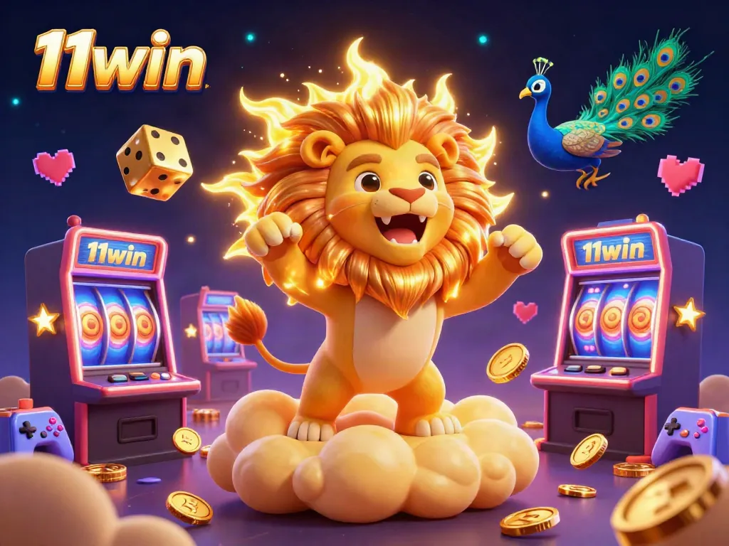 Engage with 11win's lively gaming world, showcased by a roaring lion, golden dice, and vibrant slot machines.