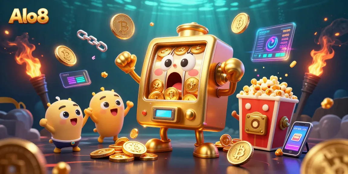 Alo8's golden slot machine hitting the jackpot, surrounded by cheering smaller machines and crypto elements, celebrating online gaming