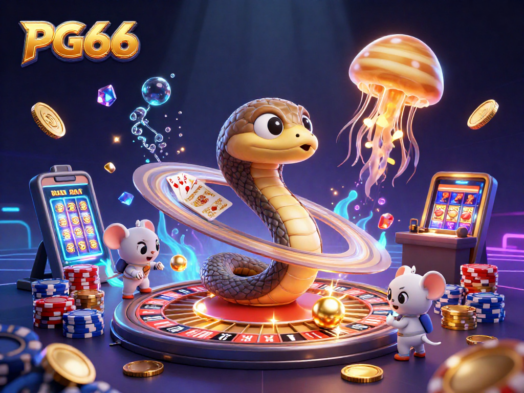 Engage with PG66's vibrant 3D scene of a cosmic casino featuring a roulette wheel, coins, and animated characters.