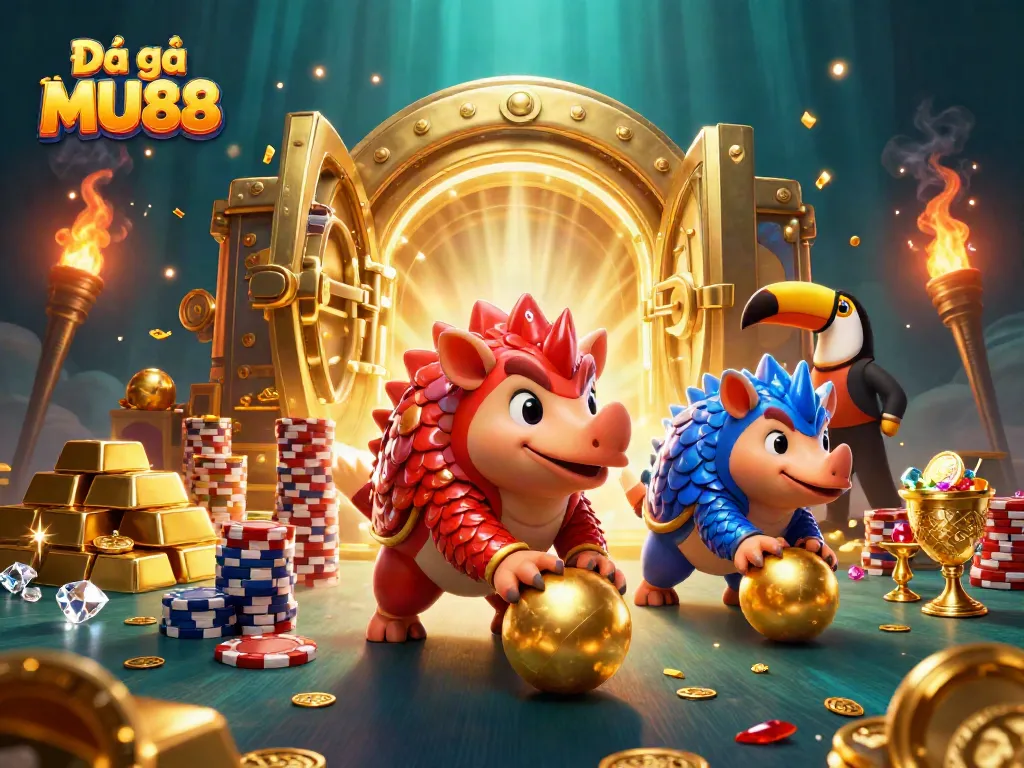 Experience the thrill of Đá gà MU88 as rival pangolins roll through poker chips in this vibrant scene.