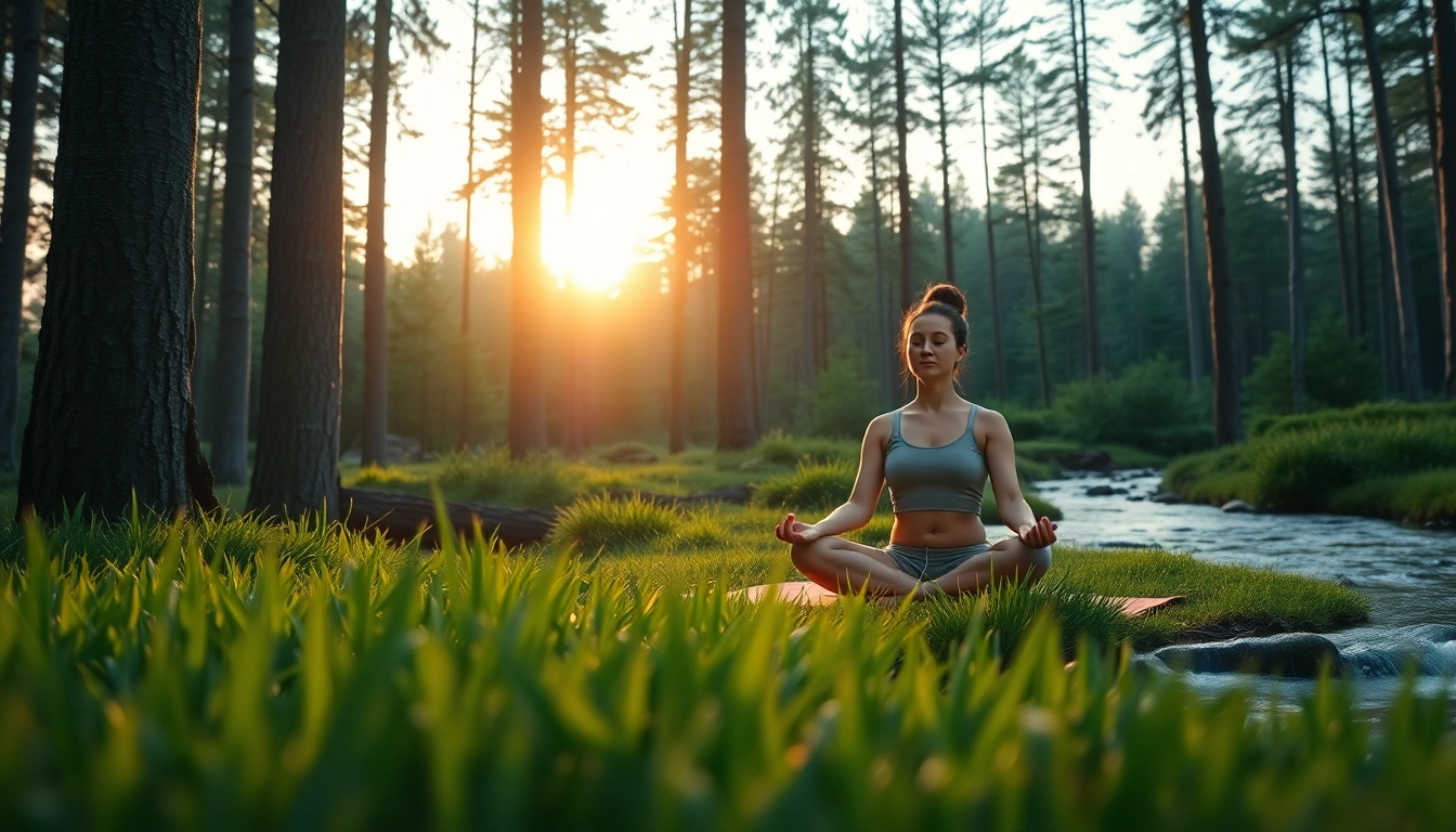 Practicing mindfulness to relieve stress and anxiety in a tranquil forest setting.