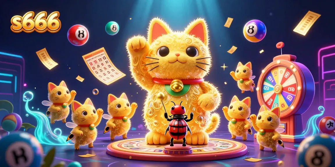S666 brings luck with a giant lucky cat made of fireflies and vibrant casino imagery.