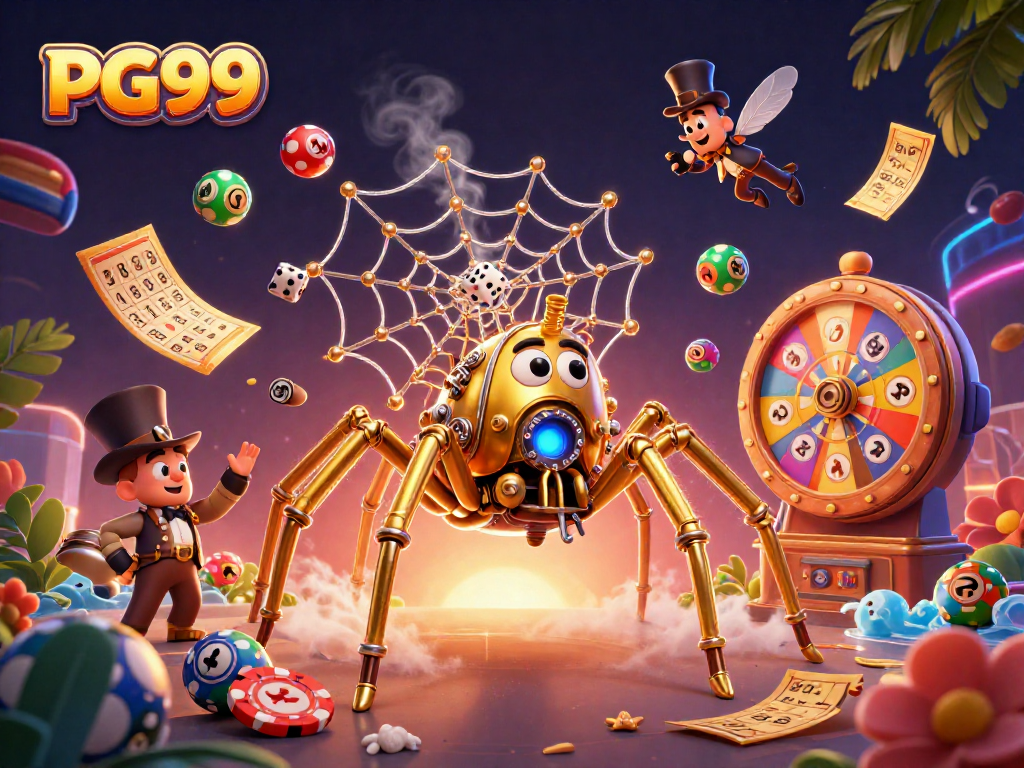 Engage with PG99's exciting gambling universe amidst golden spider webs and vibrant prize elements.
