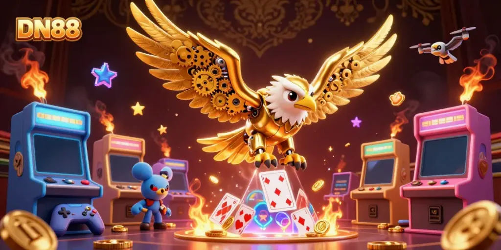 Engage with DN88’s vibrant casino atmosphere featuring a cybernetic eagle amidst holographic cards.