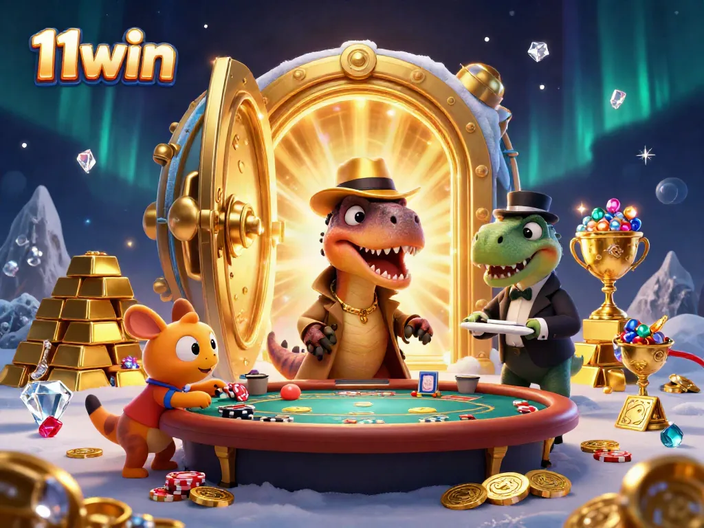 11win elevates gaming with an undercover velociraptor card counter at a blackjack table, surrounded by treasure.