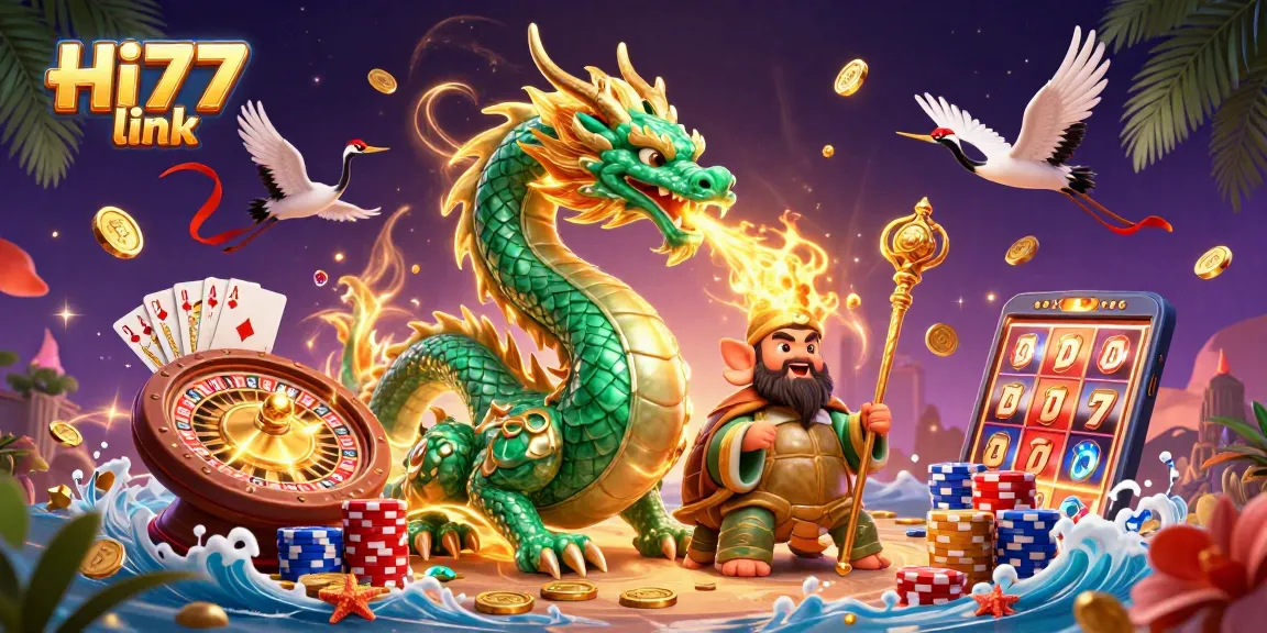 Experience excitement with Hi77 link showcasing vibrant dragons and legendary gaming elements.