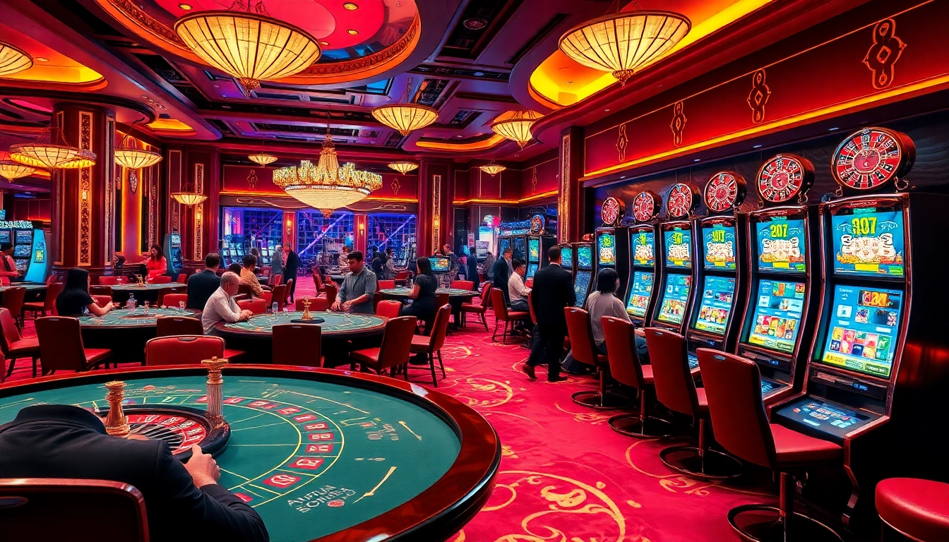 Exciting casino experience at af88.com with players engaging at poker tables and slot machines