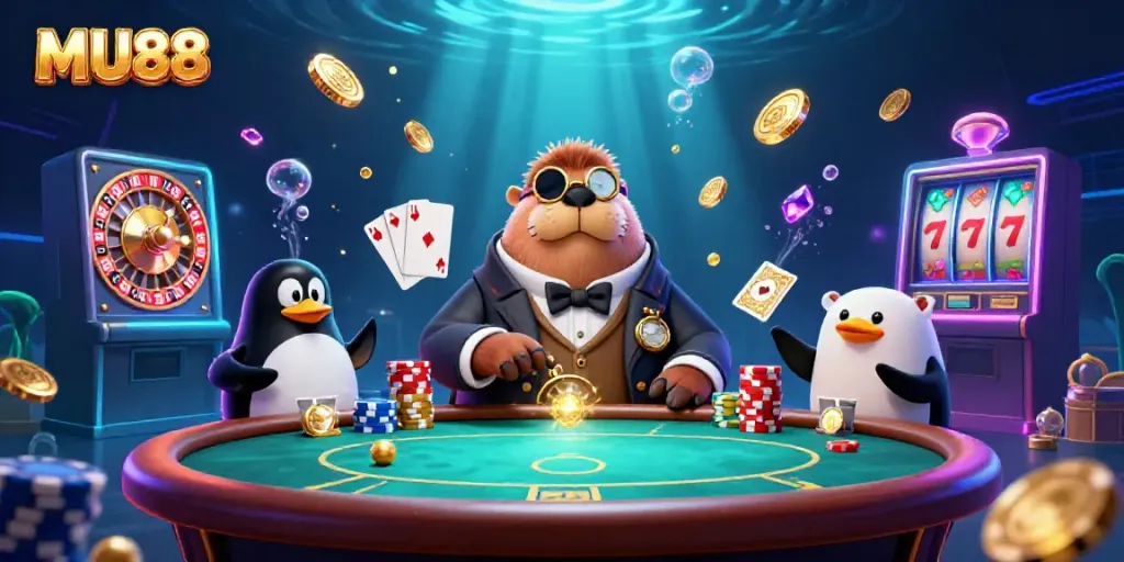 Join the thrilling MU88 underwater poker table scene featuring a walrus, penguin dealer, and pufferfish player bluffing.