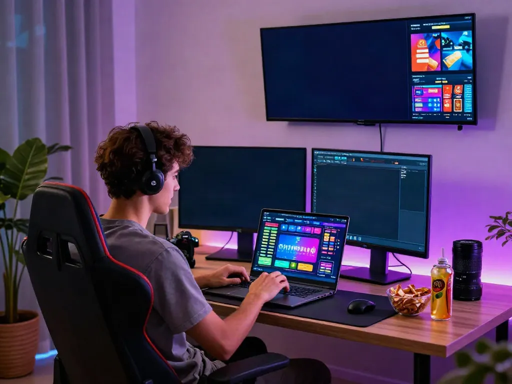 Engaged player using nbet platform on laptop in a lively gaming setup.