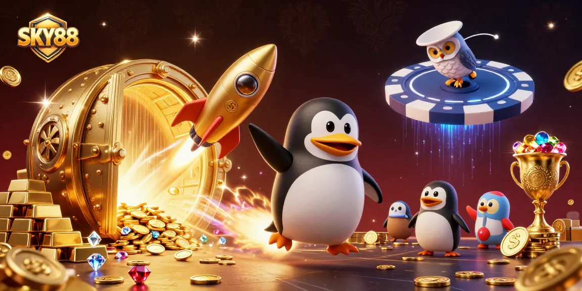 Engage with the thrilling SKY88 casino experience as a golden penguin rockets towards a vibrant casino space.