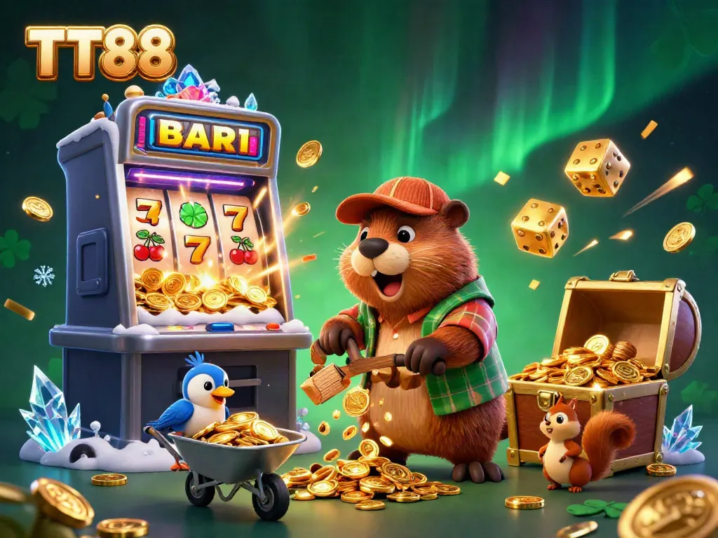 Experience the thrill of TT88 with a lively scene of a beaver and friends amidst a jackpot explosion.