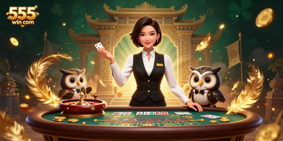 Engage in thrilling games at 555win com, featuring a stunning baccarat table and charismatic dealers.