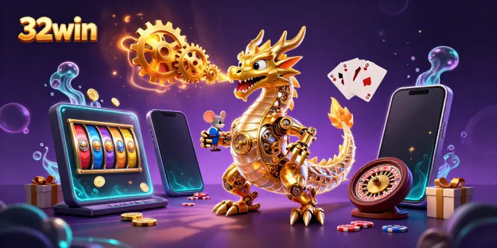 Experience thrilling gameplay with 32win's captivating casino adventure featuring a golden dragon.