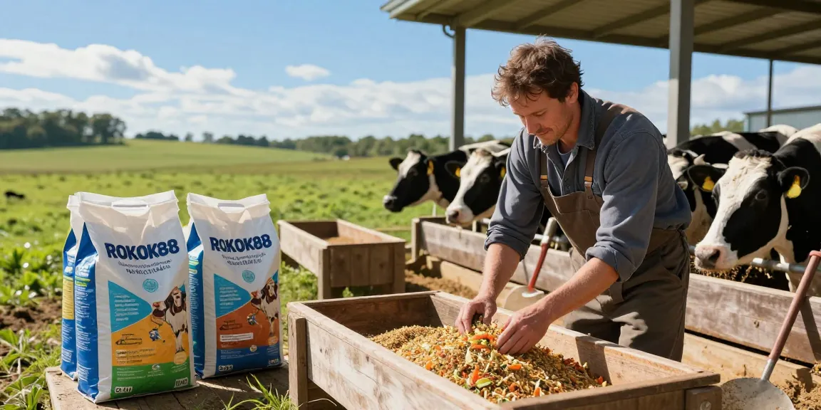 Farmer managing ROKOK88 feed mix, highlighting rokok88 login in modern animal husbandry.