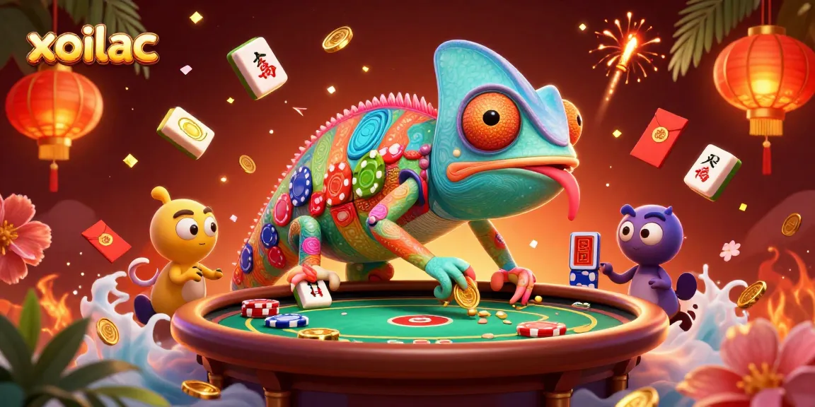 Xoilac owner chameleon capturing golden coins, surrounded by vibrant casino elements in 3D art
