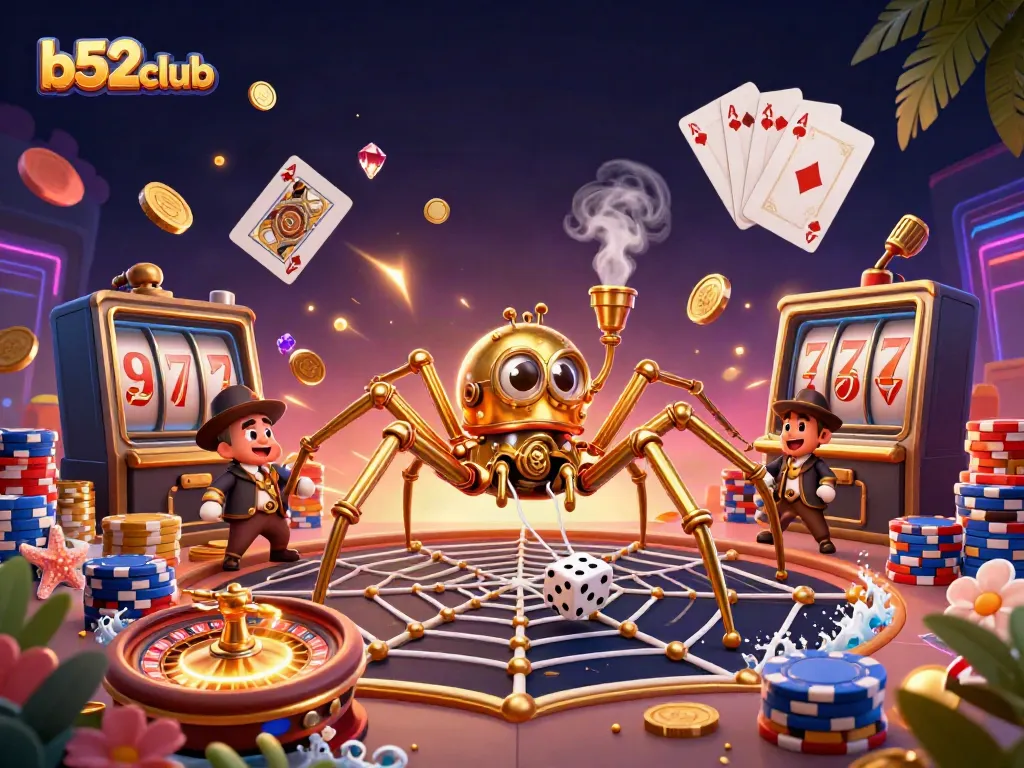 Experience the thrill of b52club with playful elements like a golden spider and animated dice, showcasing casino excitement.