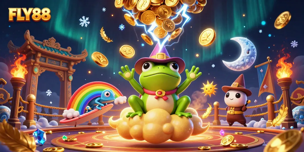 Experience the thrill of winning at FLY88 with an animated storm of coins and dynamic characters in an exciting casino environment.