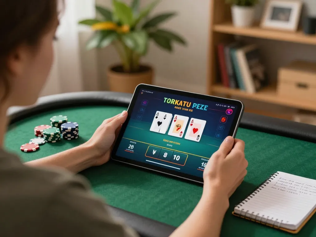 Engaging in online gaming with đăng ký FLY88 in a cozy home setting, showcasing a tablet and poker strategy.