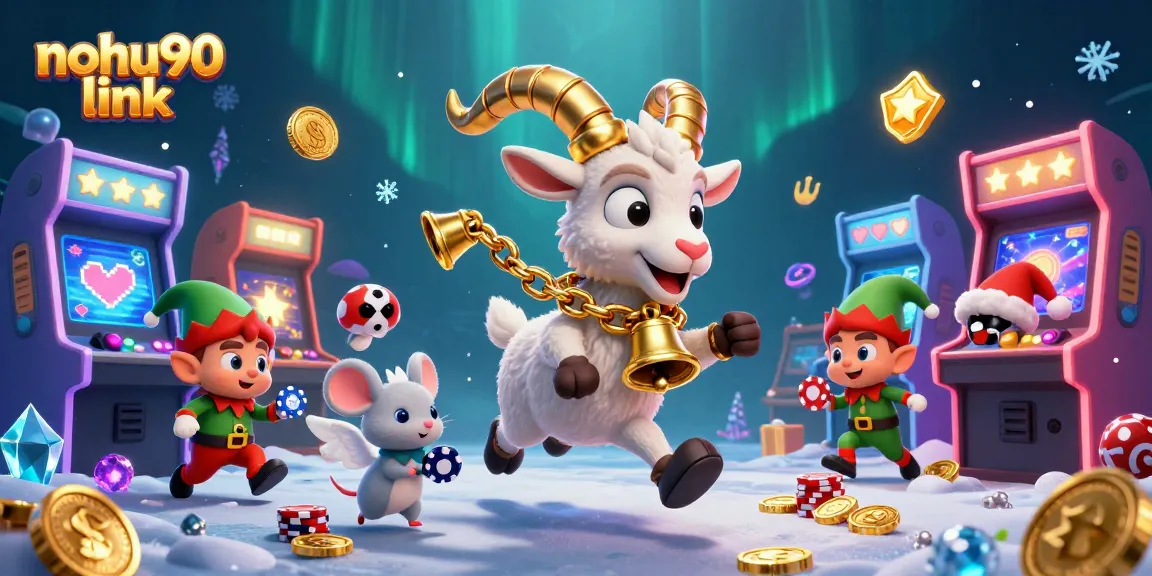 Spin reels on the nohu90 link, as festive characters animate a vibrant casino scene filled with exciting elements.
