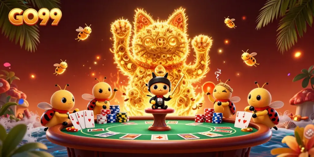 Experience excitement at GO99 with a golden lucky cat surrounded by casino games and vibrant colors.