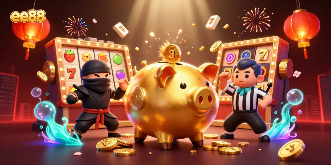 Players enjoy the excitement of gambling with ee88 as a golden piggy bank sumo wrestler shakes coins everywhere.