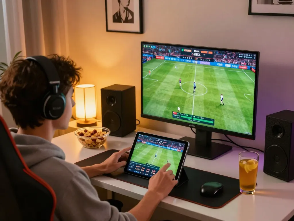 Cakhiatv user enjoying live football streaming on a tablet in a cozy home setup
