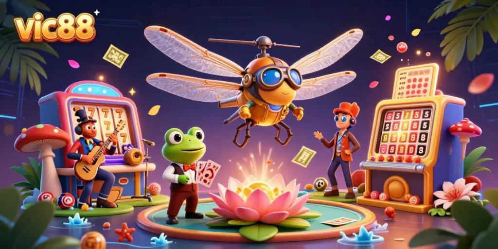 Experience the vibrant world of vic88 gaming with lively characters and dynamic casino elements.
