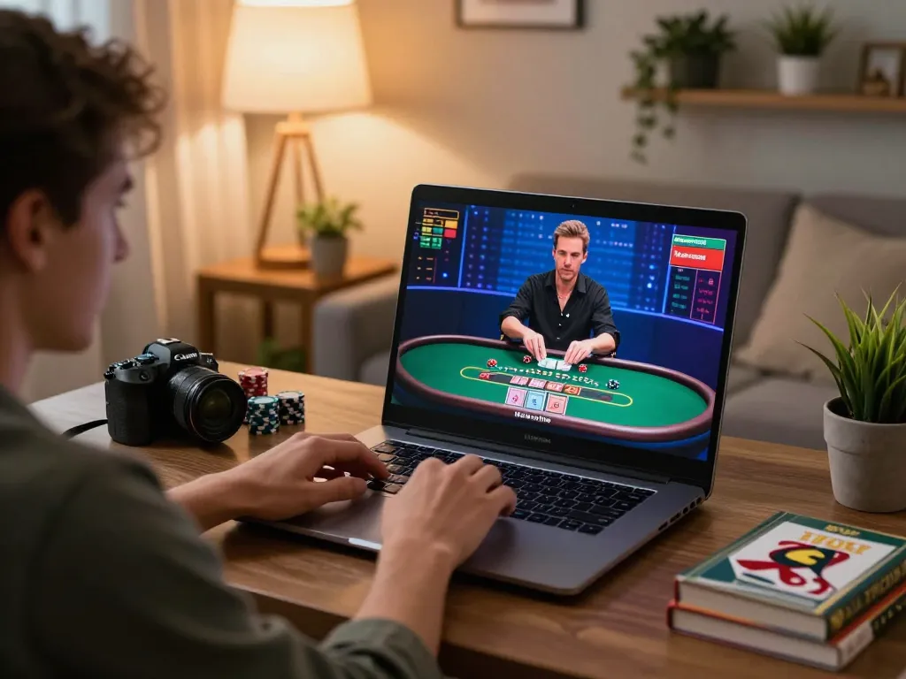 Engaging in live dealer games at home reflecting tg88 trang chủ gaming experience with stylish decor and ambient lighting.