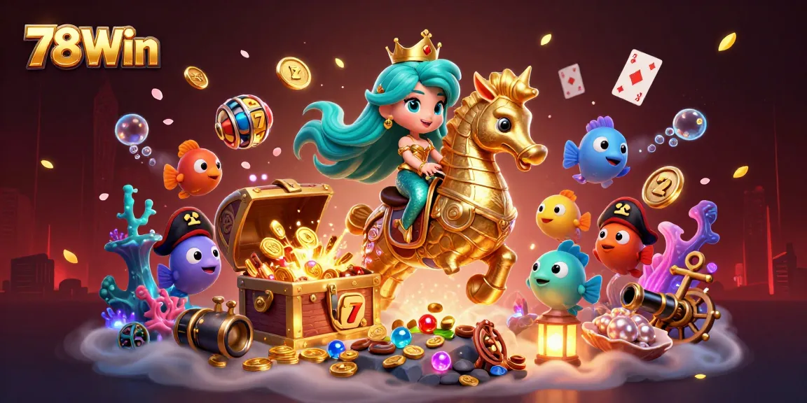 Engage with 78Win in this vibrant 3D casino scene featuring underwater slot games and treasure!