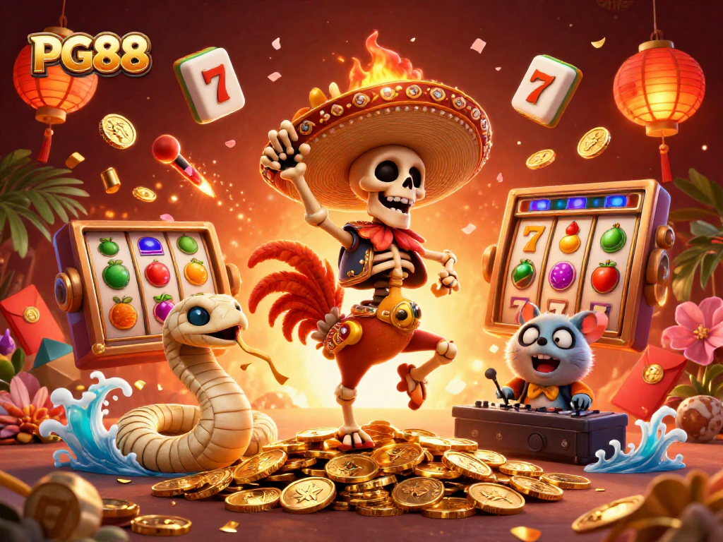 Engage with PG88's thrilling gaming experience featuring dynamic characters and vibrant slot machine elements.