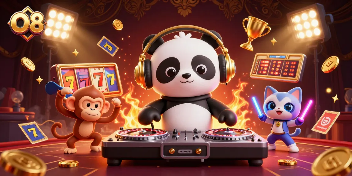 Experience thrilling gameplay at O8 with a vibrant DJ panda and captivating characters amidst dynamic gaming elements.