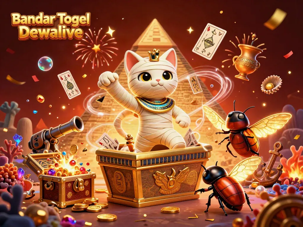 Visualisasi Bandar Togel Dewalive dengan kucing mummy dan skarab dalam kasino pyramid.