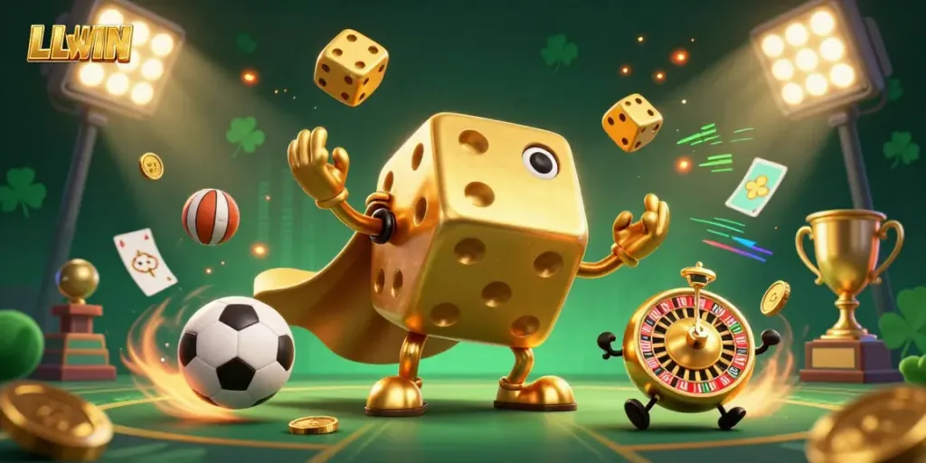 Experience thrilling wins with LLWIN as a golden dice golem and sports elements create a vibrant casino atmosphere.