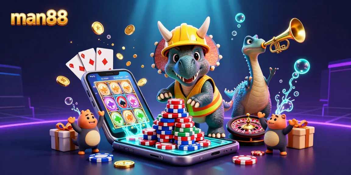 Engage with man88 in a vibrant casino scene featuring a triceratops stacking poker chips.