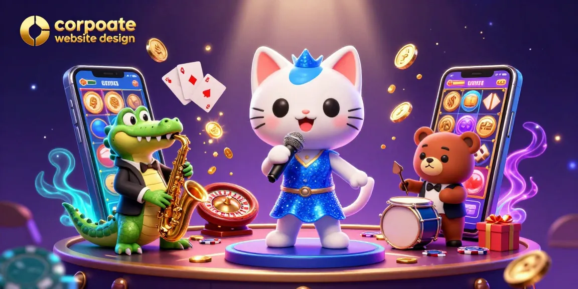 Engaging corporate website design illustration showcasing casino elements and characters performing.