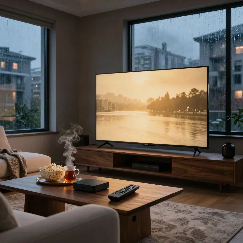 Yağmurlu gece, TV ışığıyla aydınlanan modern Türk oturma odasında prime time hazırlığı.