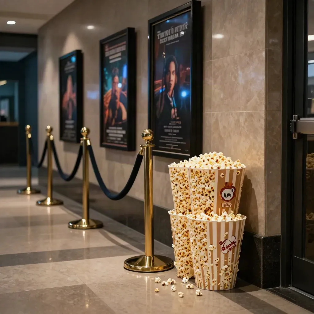 Gece sinema lobisinde popcorn kovaları, kadife bariyer ve uzun yansımalı taş zemin.