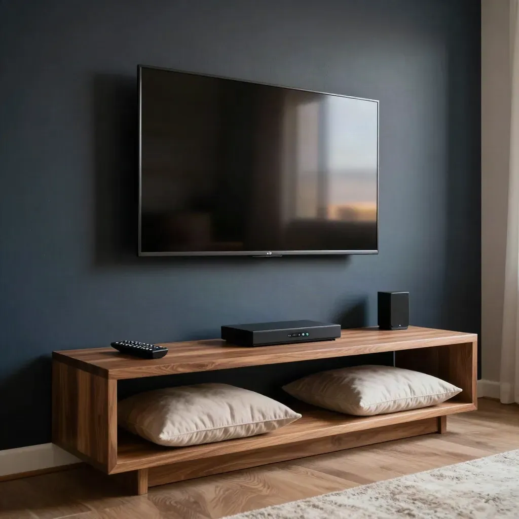 Duvara monteli TV ve ses çubuğu olan modern oturma odasında giriş değişirken ışık dönüşümü.