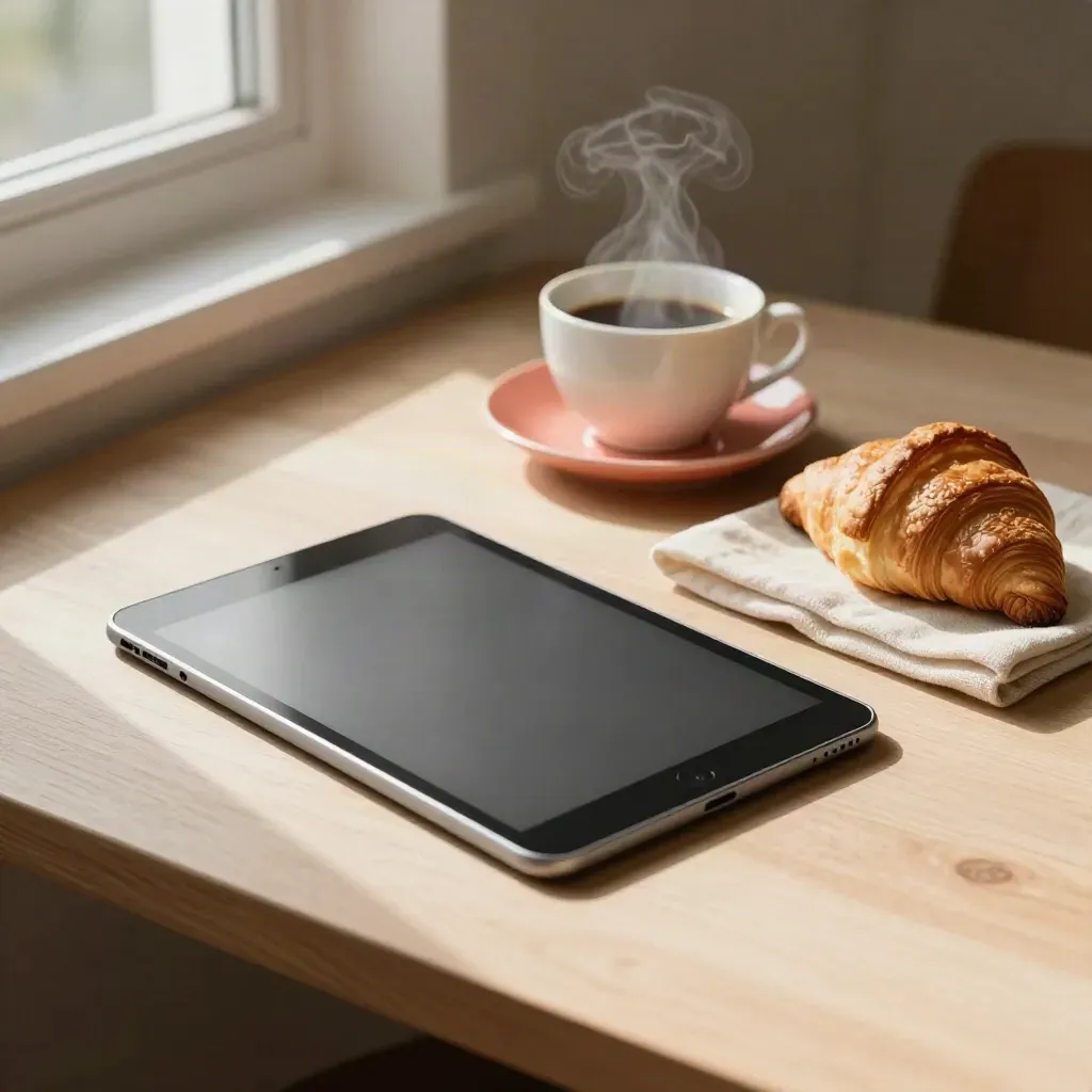 Pale ahşap kahvaltı köşesinde tablet, kumanda, kahve ve kruvasan.