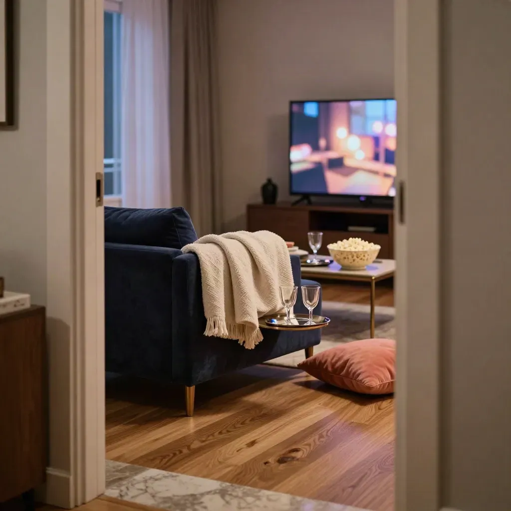 Koridor eşiğinden görülen sıcak akşam salonu; çay tepsisi, patlamış mısır ve TV ışığı.