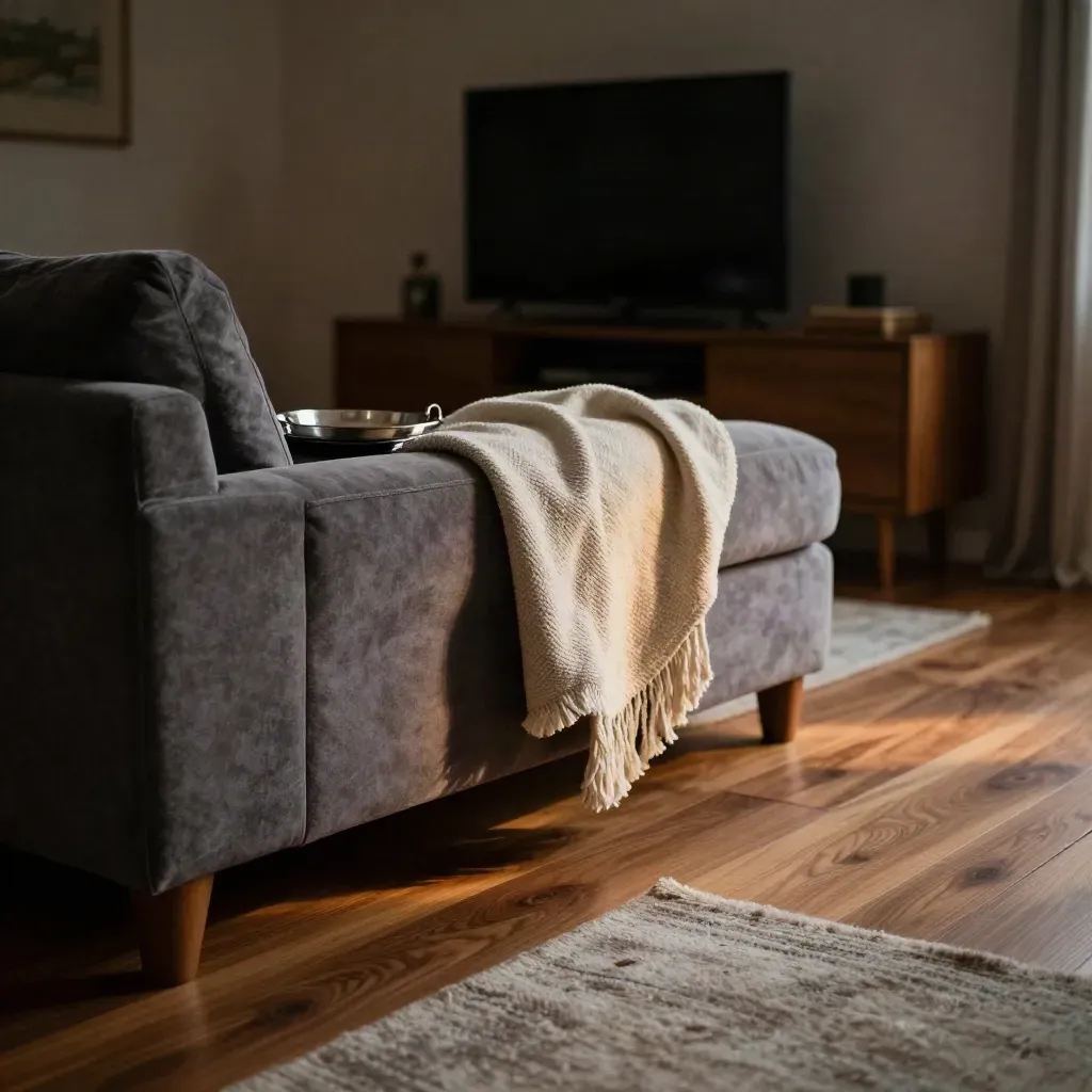 Karşı köşeden çekilmiş, çay tepsili ve battaniyeli sakin bir salon, TV duvarı gölgede.