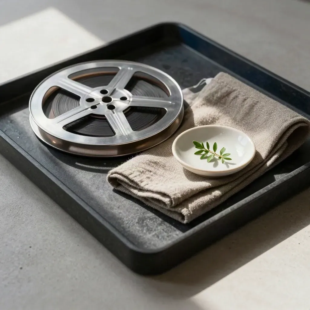 Taş tabakta film makarası, yün kumaş, seramik kap ve ot dalı
