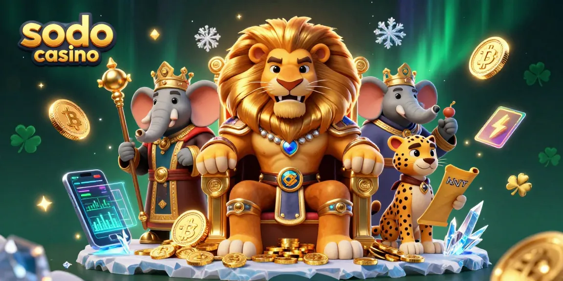 Experience thrilling gameplay at sodo casino with a majestic lion king, elephant advisor, and cheetah messenger.