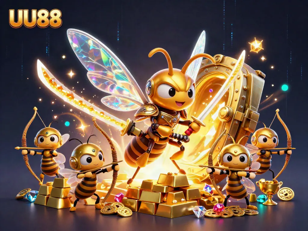 Engage in thrilling games at UU88 with vibrant golden hornet and archers amidst treasure.